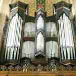 A view looking up at the pipes of the Klais Organ at Bath Abbey