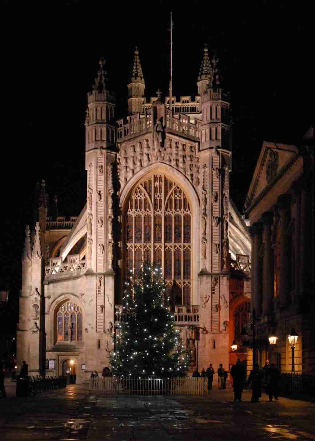 Front of the Abbey at night with Christmas tree in front