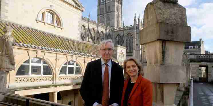 Charles Curnock pictured left and Bath MP Wera Hobhouse pictured right at the Roman Baths with Bath Abbey in the background