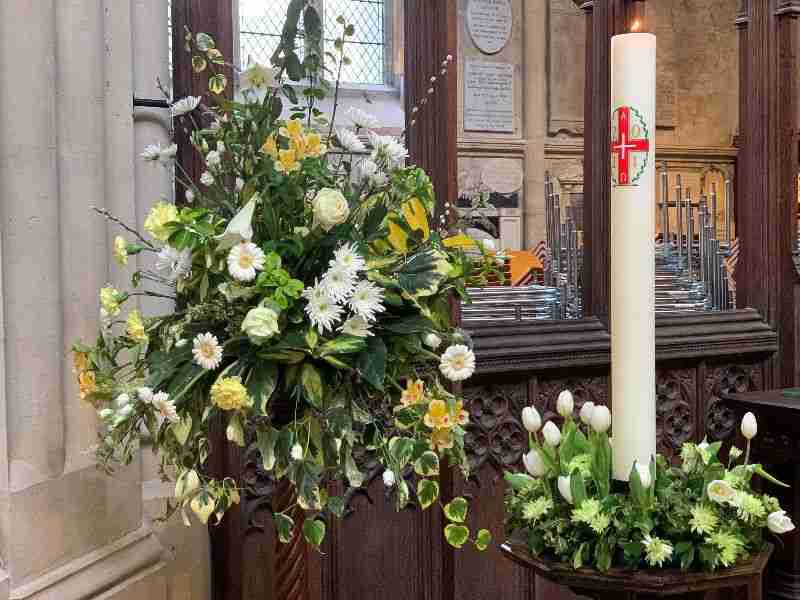 Flowers in the Bath Abbey sanctuary for the Easter season