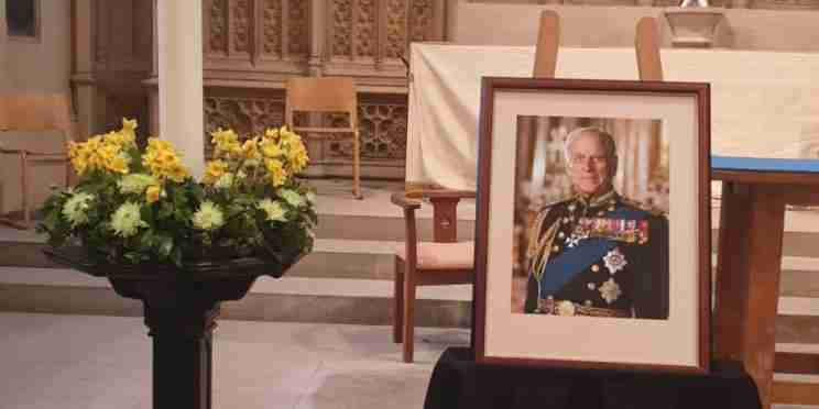 Portrait of HRH Duke of Edinburgh Prince Philip in the sanctuary of Bath Abbey