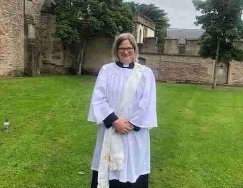 Cath Candish in clergy robes pictured after her ordination service at Wells Cathedral