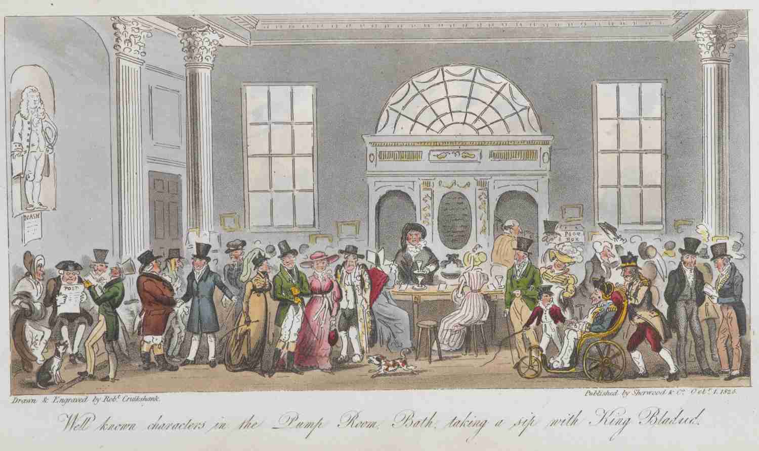 'Well known characters in the pump room, Bath, taking a sip with King Bladud'. A large crowd of people drinking and talking. Bladud was the legendary founder of Bath.