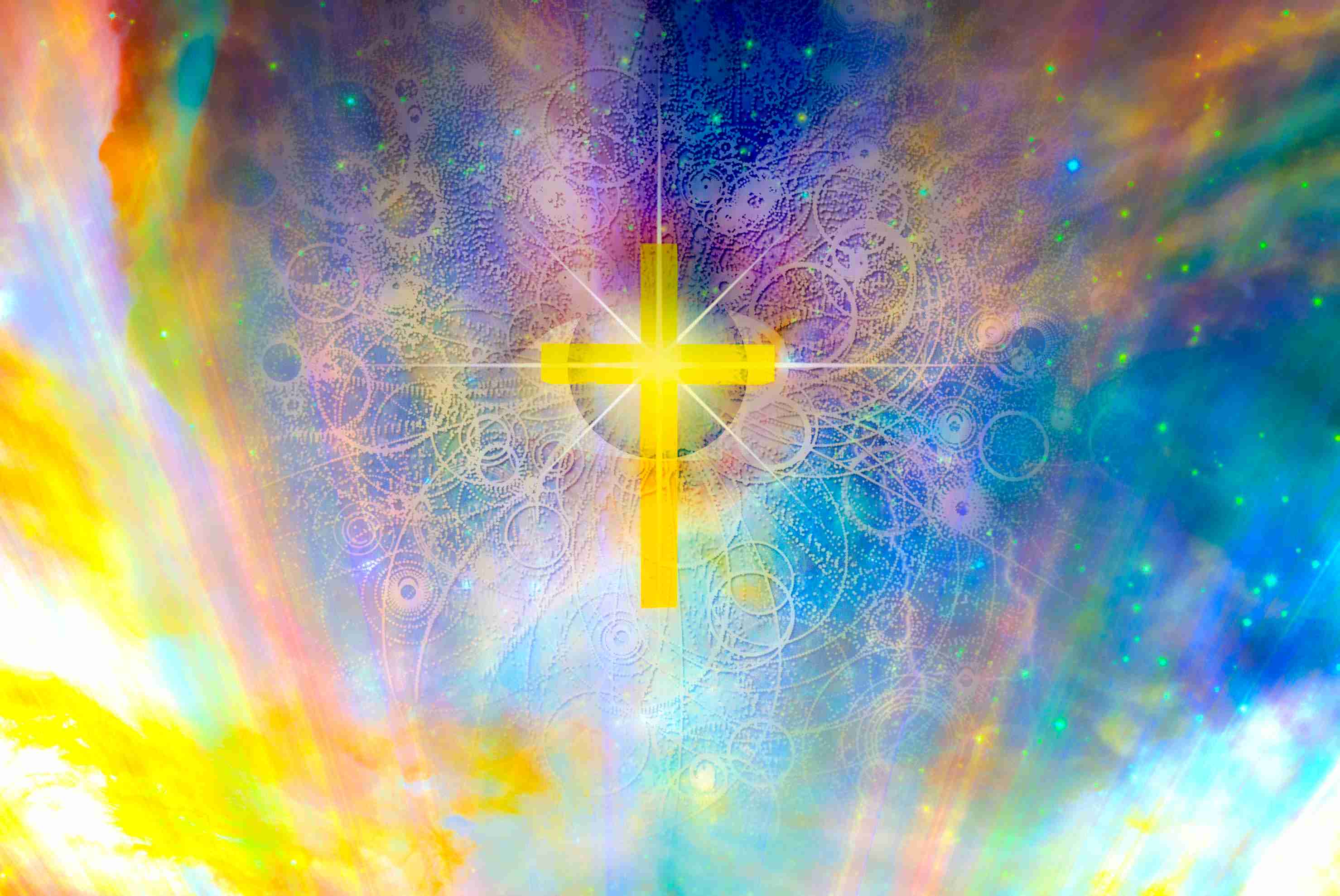 Yellow cross on a multi-coloured background