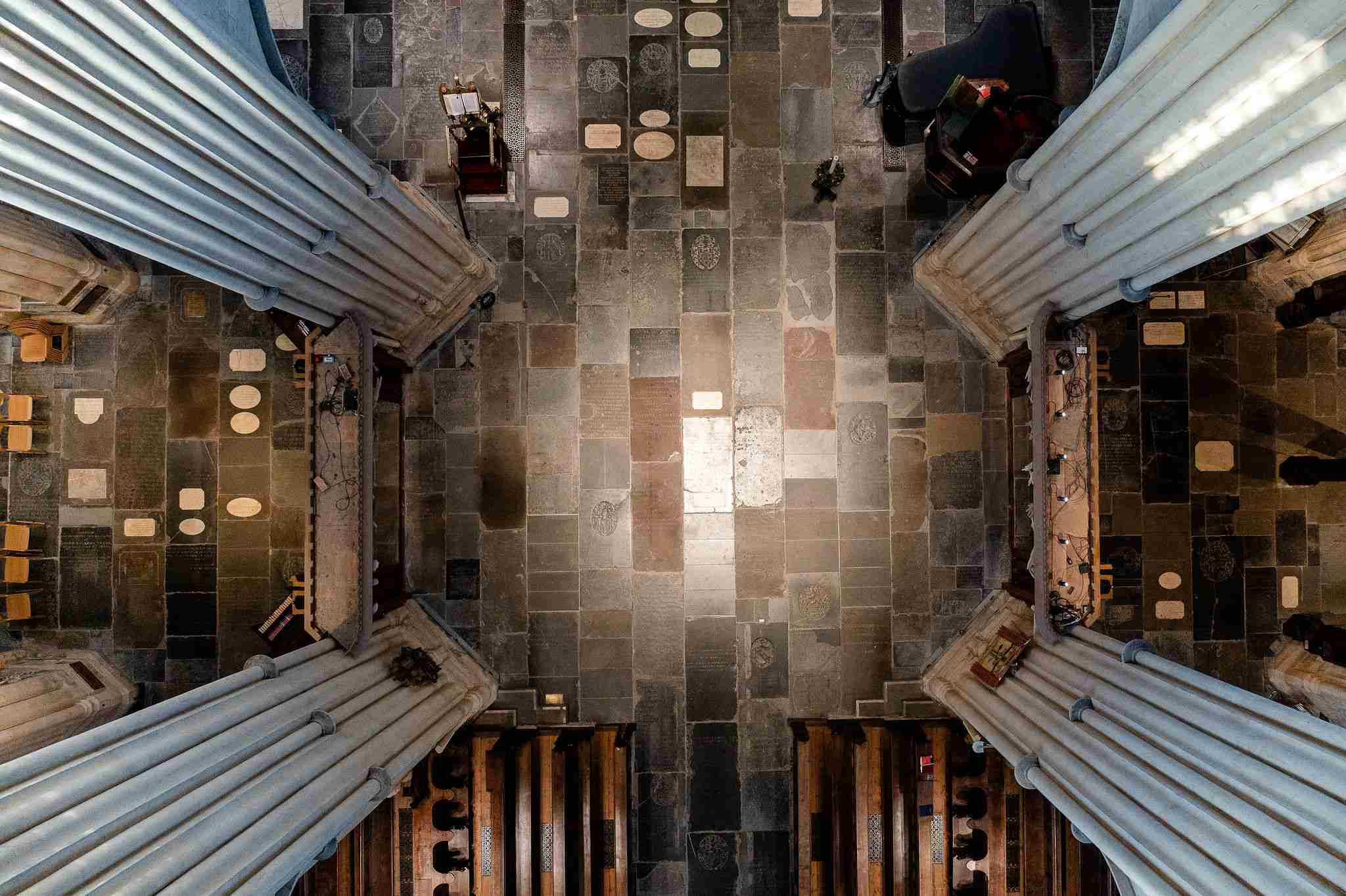 Birds eye view of Bath Abbey's floor of memorial ledgerstones