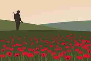 Graphic of a WWI soldier's silhouette standing in a field of poppies