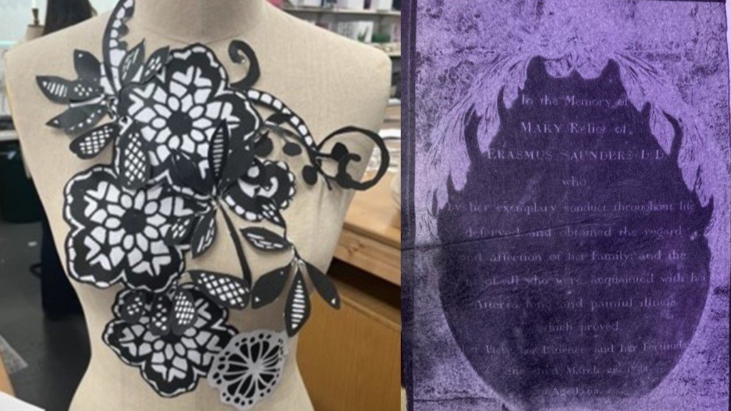Dress maker's mannequin with black and white flowers on and an image of a ledgerstone in Bath Abbey