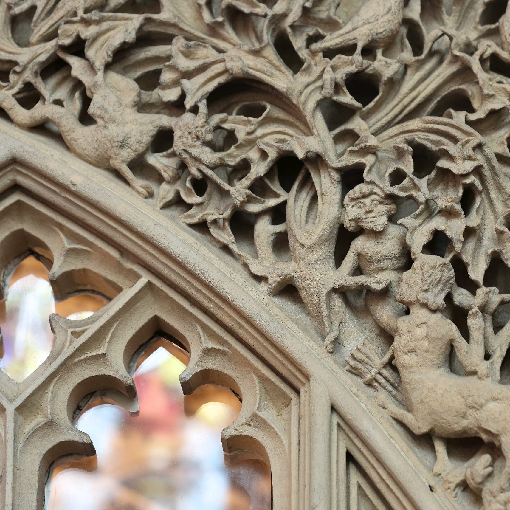 Detail of intricate stone carving in the Birde Chantry at Bath Abbey